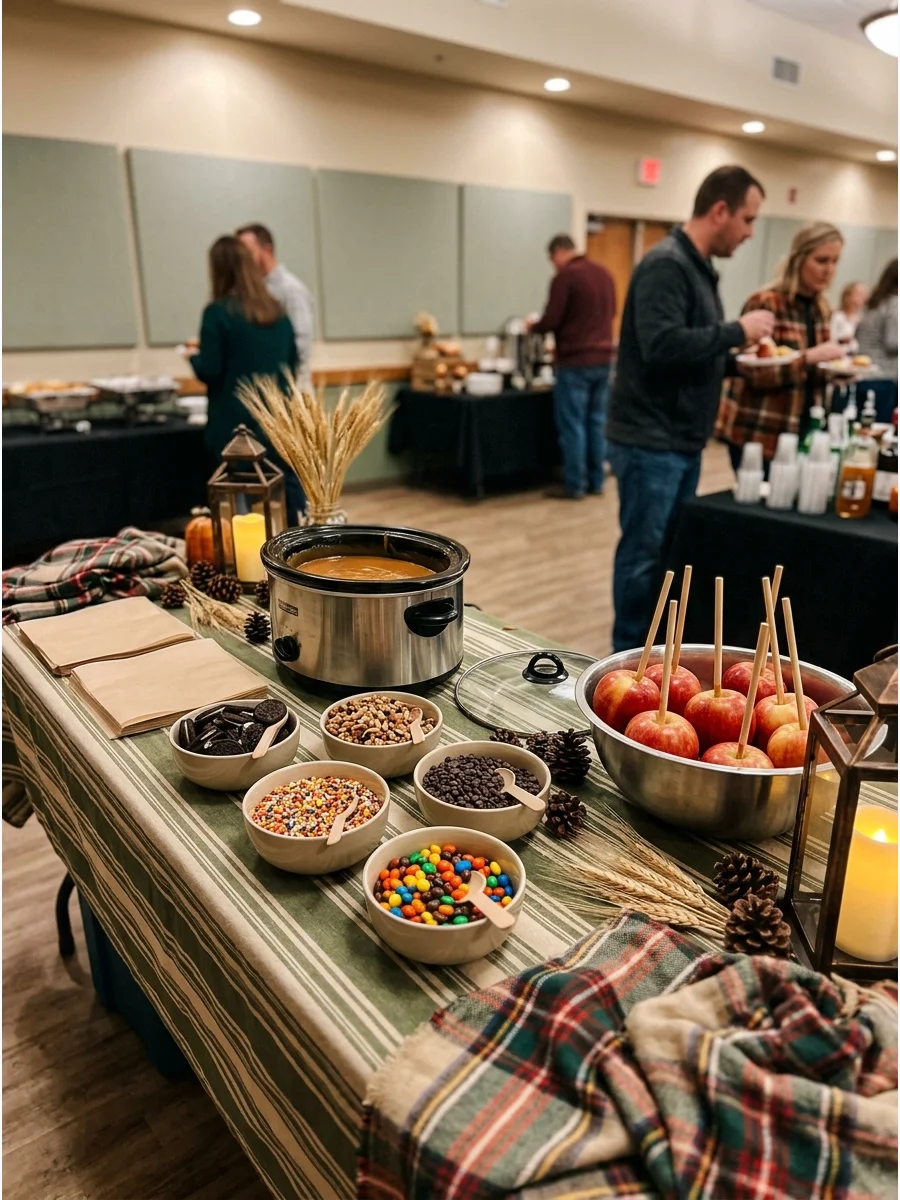 A caramel apple dipping station with various toppings in bowls.