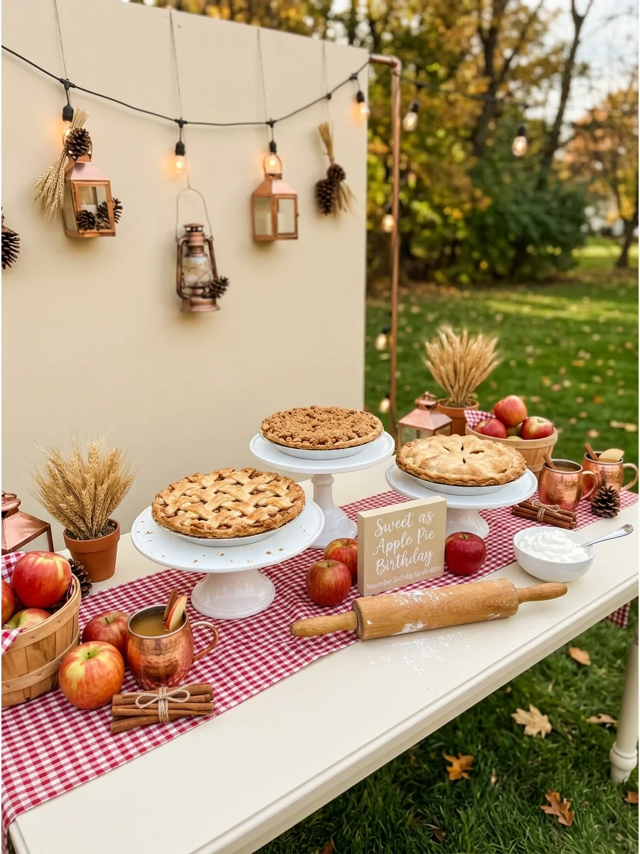 A variety of apple pies displayed on white cake stands.