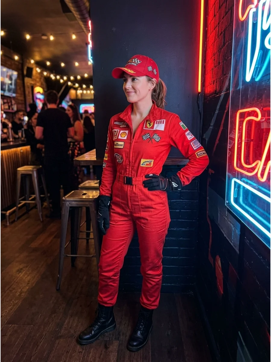 A woman wearing a red racing jumpsuit with patches and black boots.