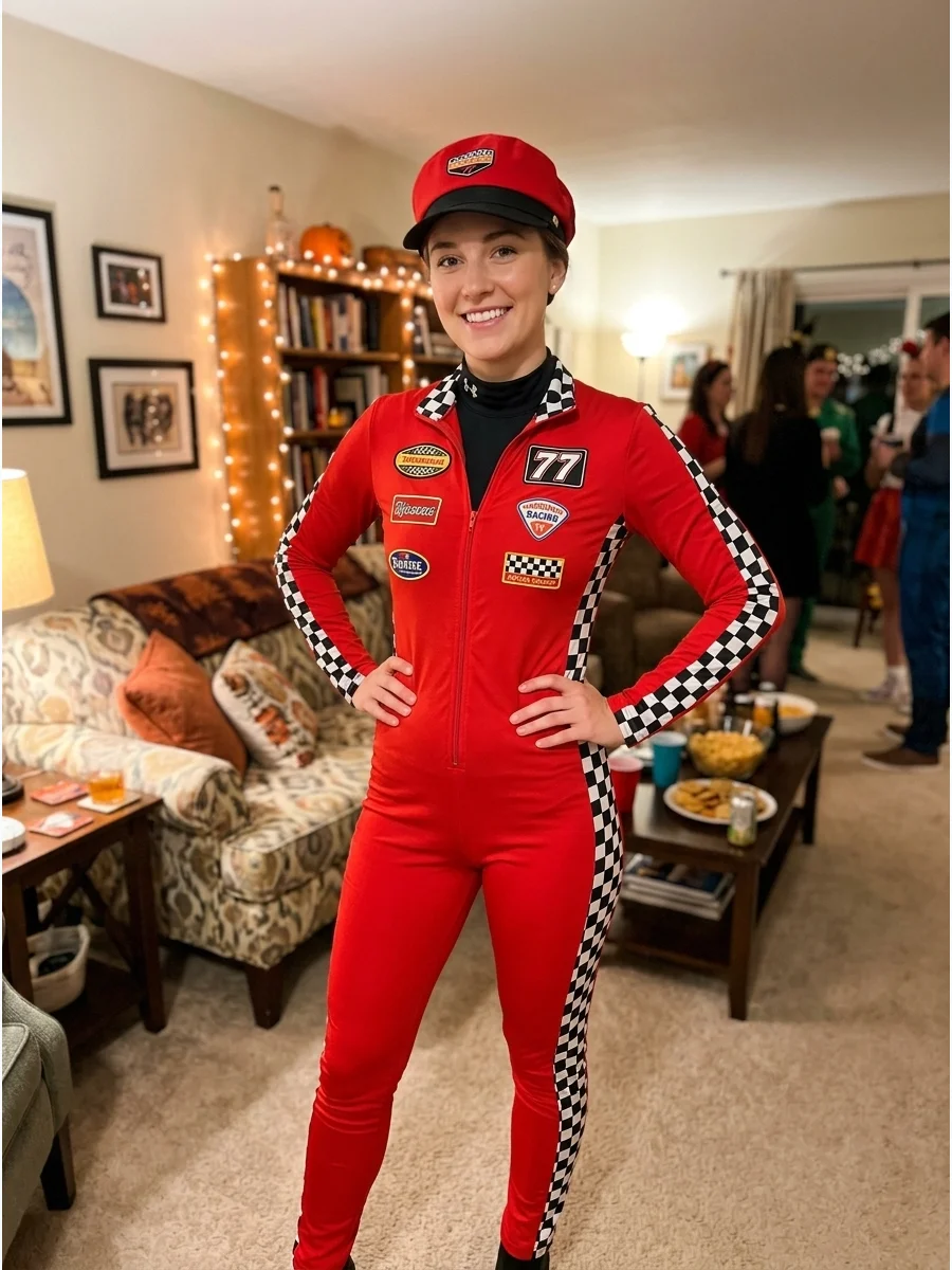 Woman in a red racing jumpsuit with checkered stripes.