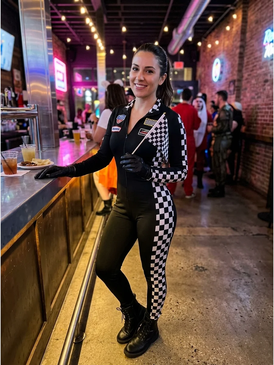 Black racing jumpsuit with checkered panels and gloves.