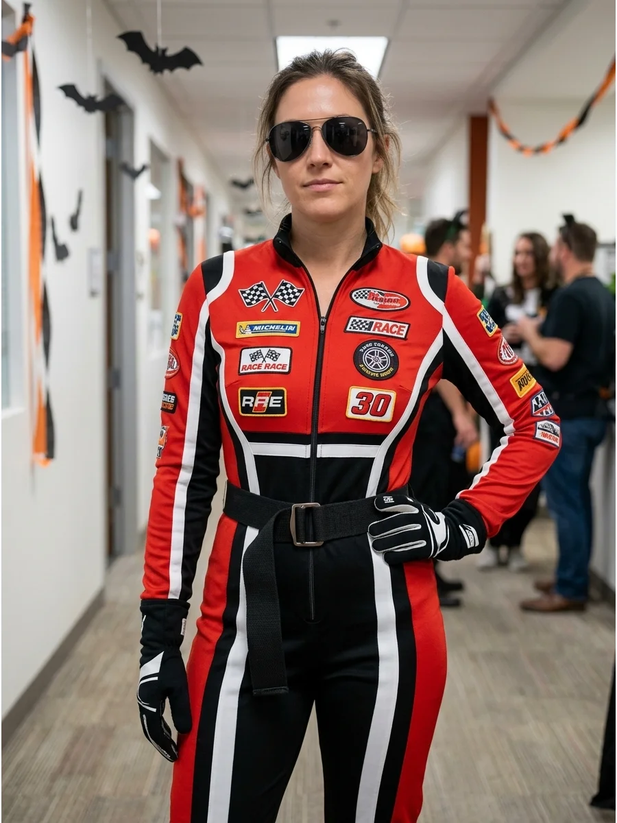Red black and white racing suit with a belt.