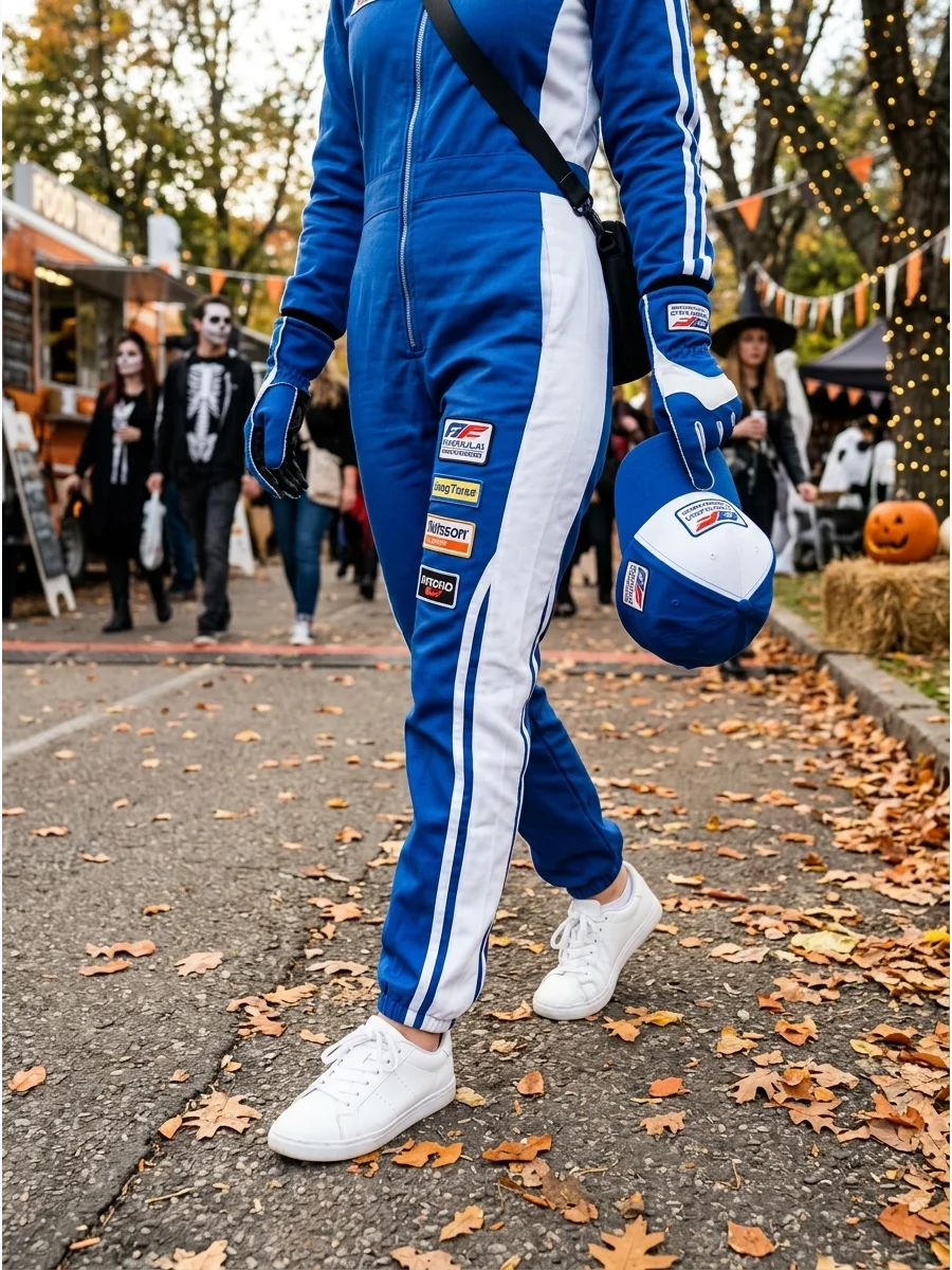 Blue and white racing jumpsuit with sponsor patches.