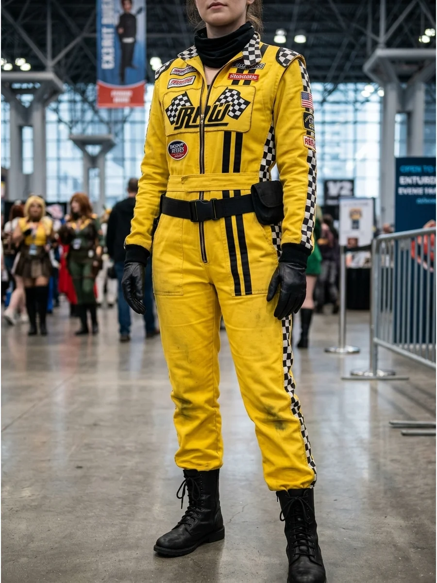 Yellow racing jumpsuit with black stripes and patches.