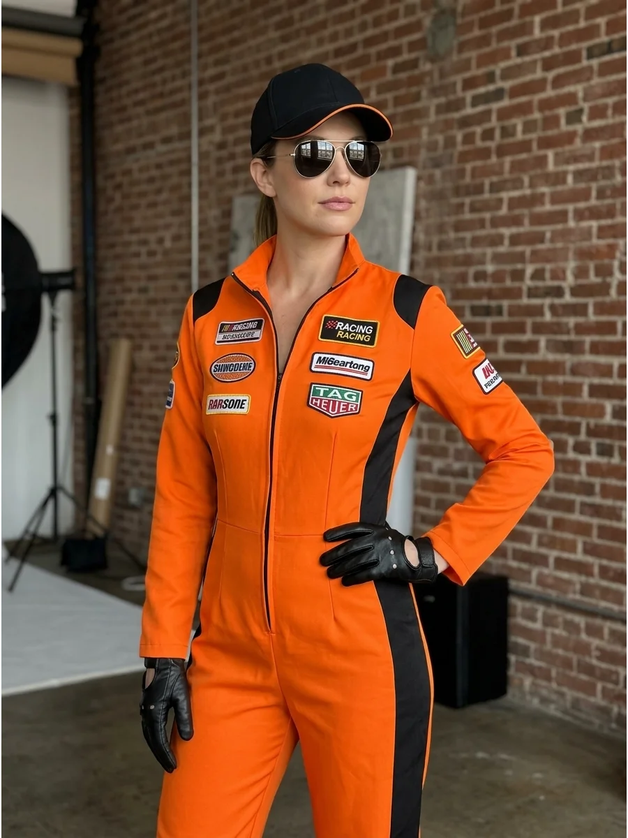 Orange racing jumpsuit with black panels and aviators.
