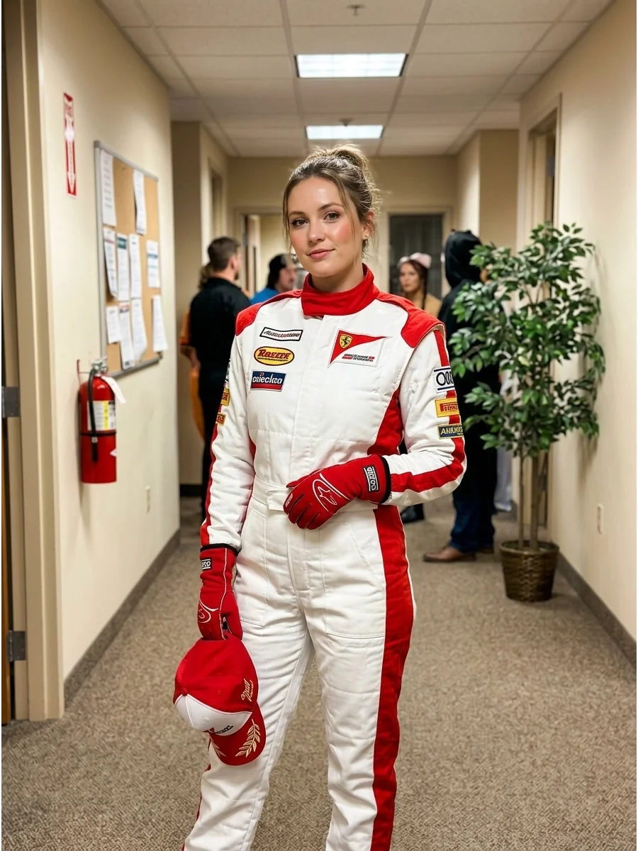 White racing jumpsuit with red accents and gloves.