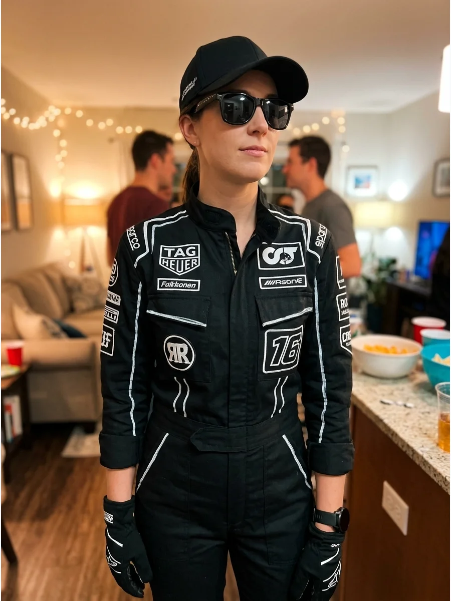 A woman in a black F1-style racing suit with white patches and sunglasses.