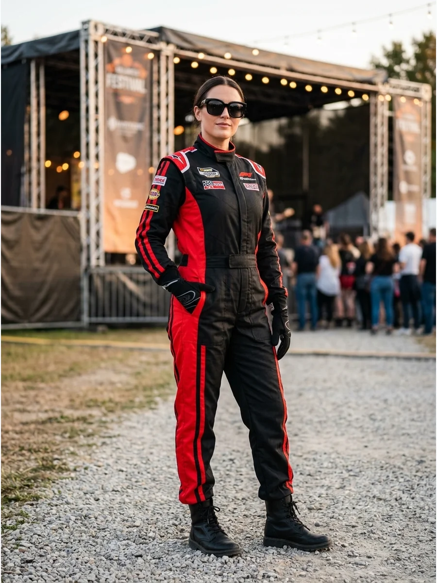 Black and red racing suit with oversized sunglasses.