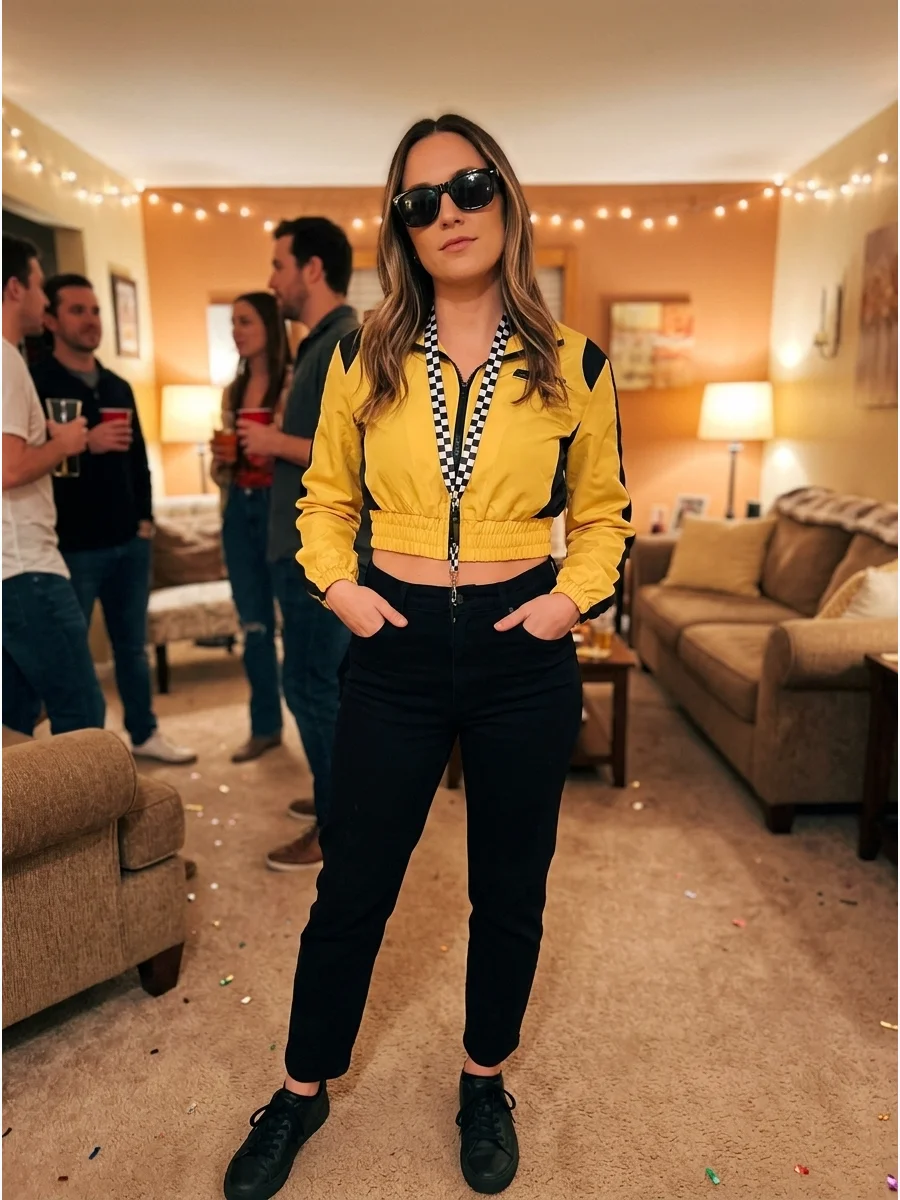 Woman wearing a cropped yellow racing jacket and high-waisted pants.