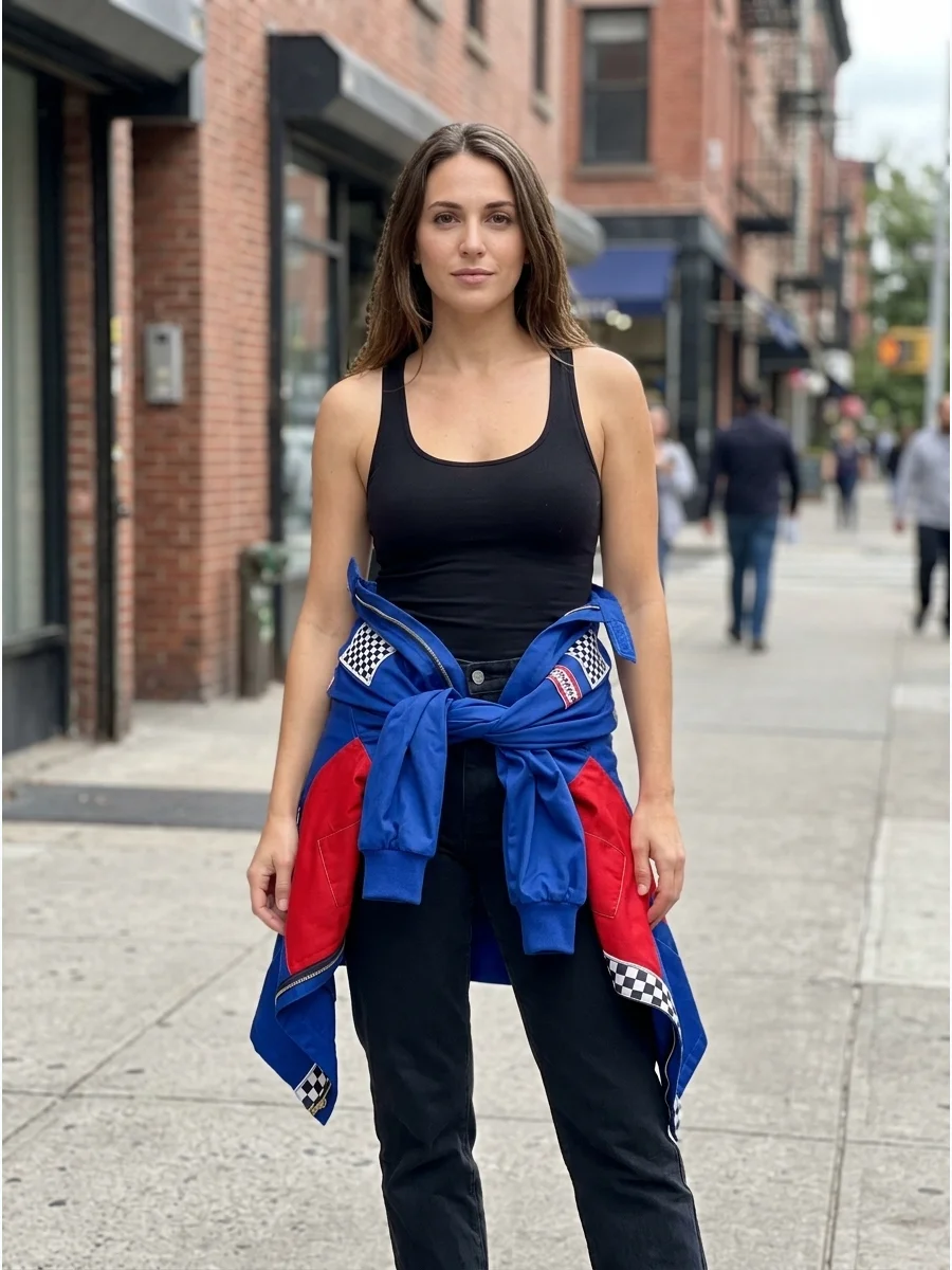Woman wearing a blue jumpsuit tied at the waist with a white tank top.