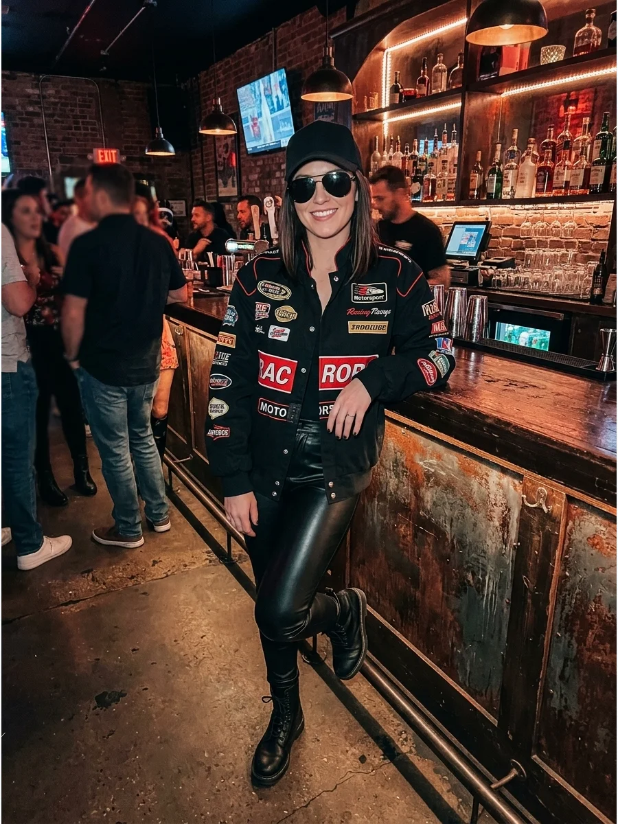 Woman in a black racing jacket and leather pants at a bar.
