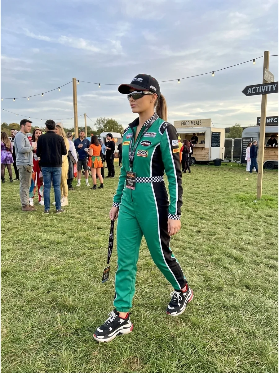 Woman wearing an emerald green racing jumpsuit and chunky sneakers.