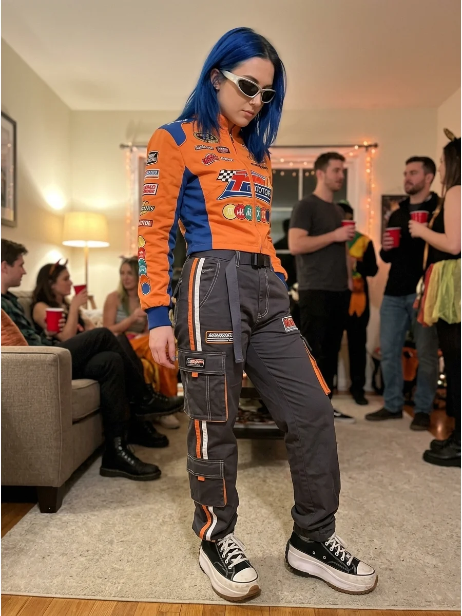 Woman in a papaya orange racing jacket and white cargo pants.