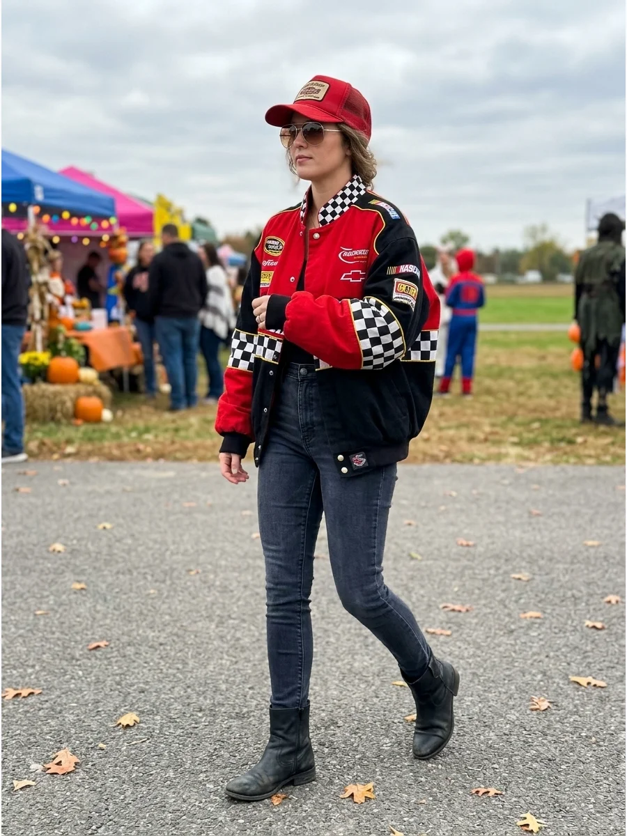A woman wearing a vintage-style racing jacket and a trucker hat at an outdoor event.