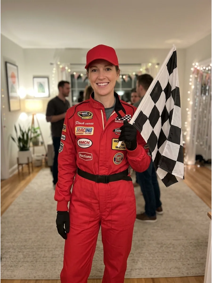 A woman in a red racing jumpsuit holding a flag at an indoor party.