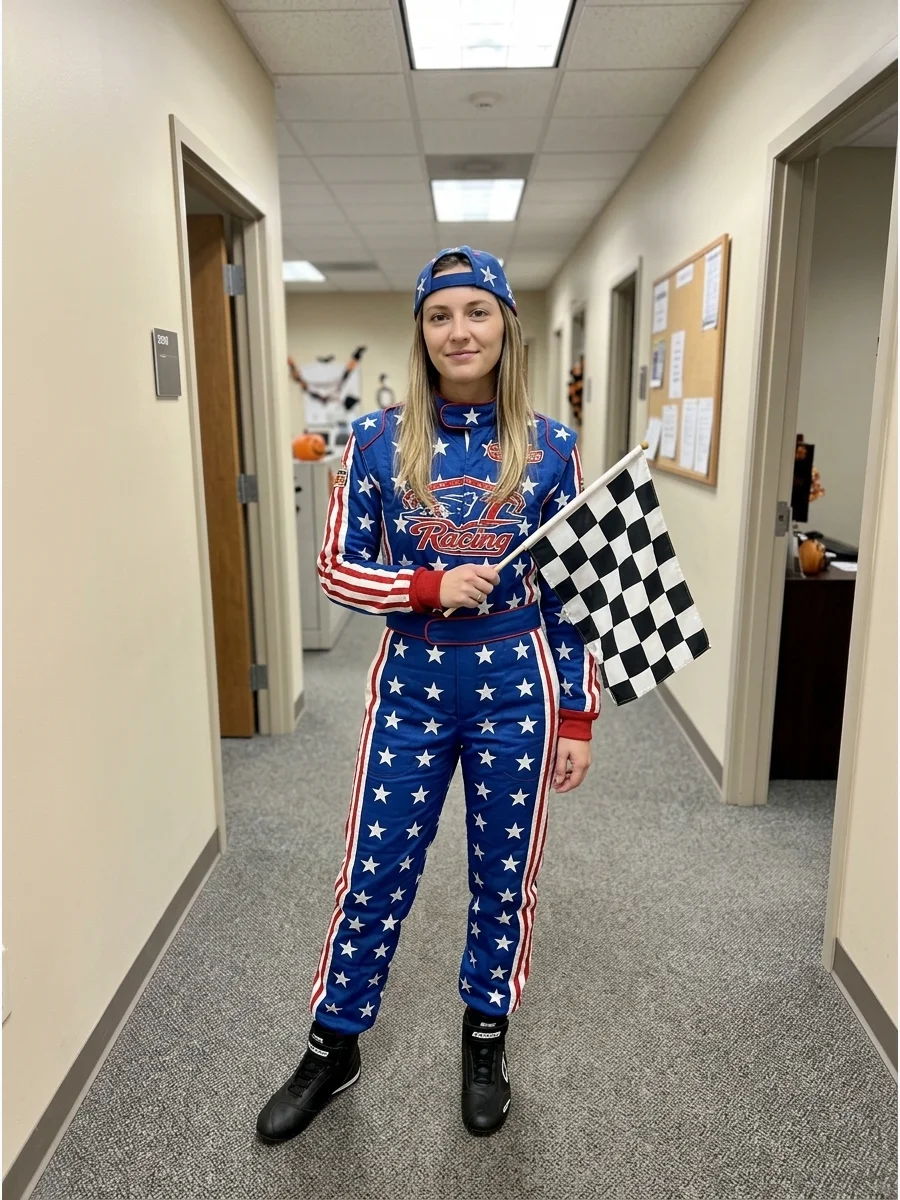 A woman in a red, white, and blue racing costume standing in an office setting.