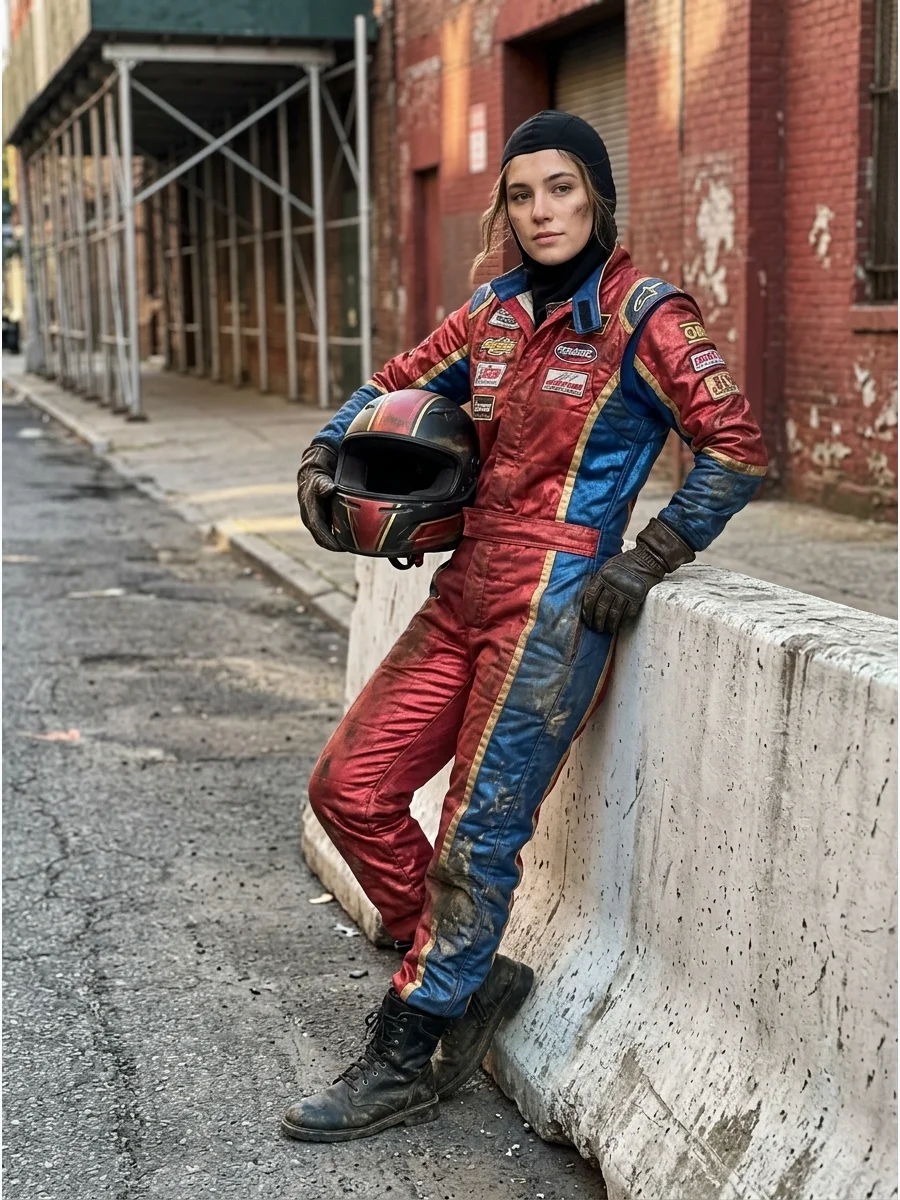 A woman in a weathered racing suit holding a helmet against a concrete wall.