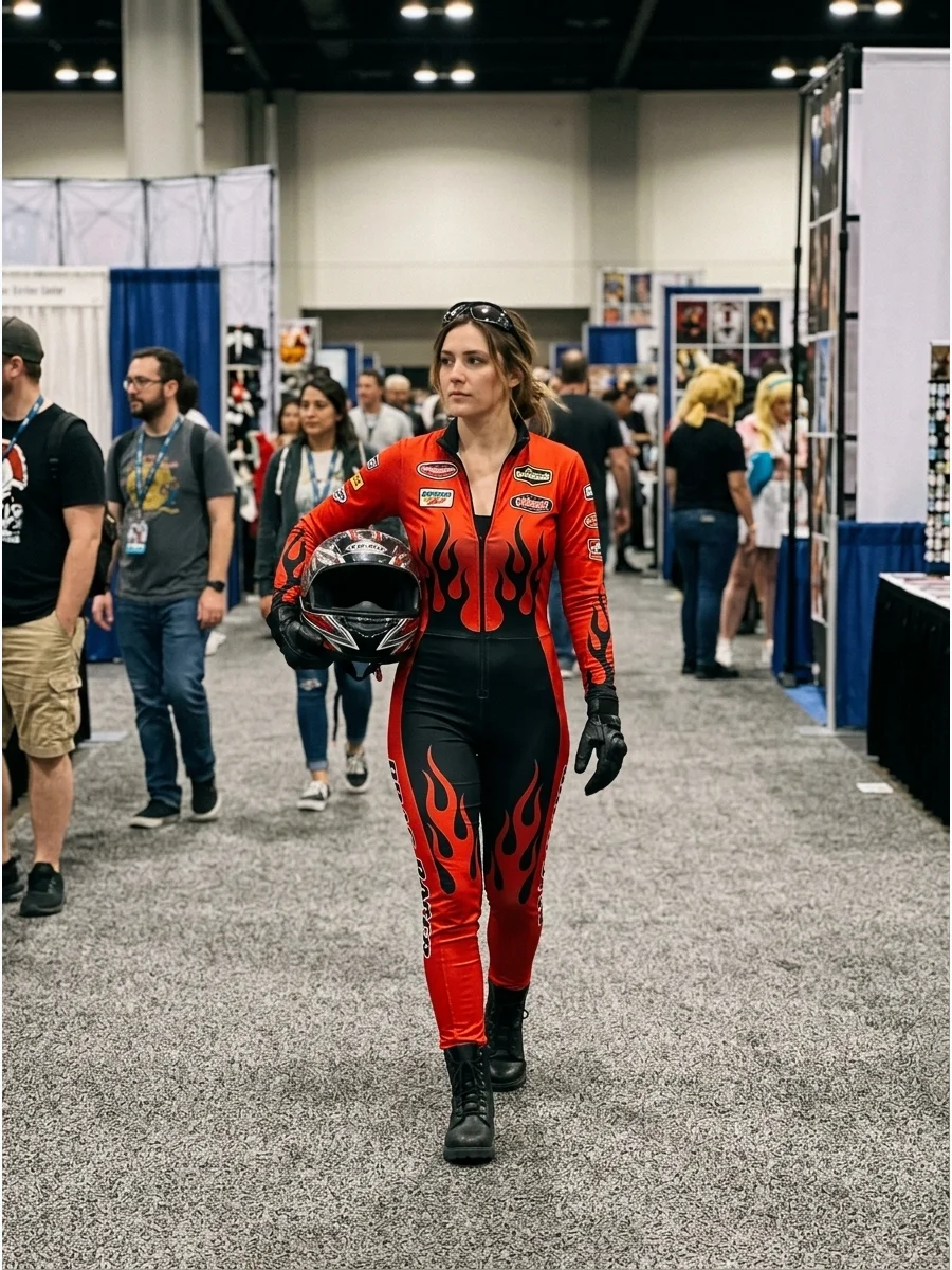 A woman in a racing suit with flame graphics walking through a convention center.