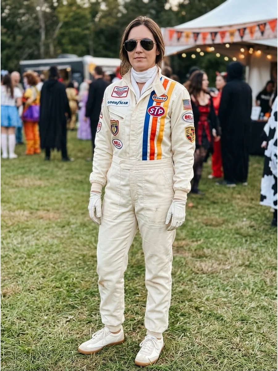 A woman wearing a white vintage 1970s racing suit and aviator sunglasses.