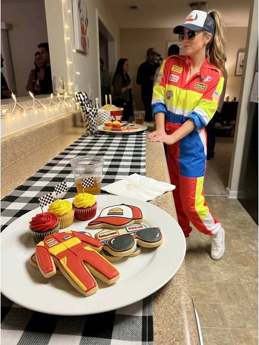 A woman in a bright 1980s color-block racing suit at a party.