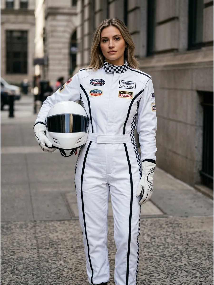 A woman in a white racing suit holding a helmet on an urban street.
