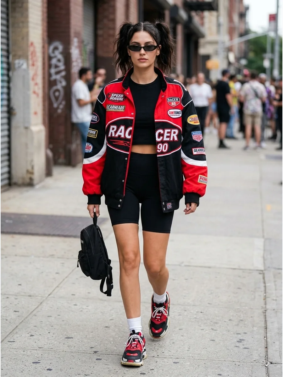 A woman wearing an oversized 1990s racing jacket and chunky sneakers on a city street.