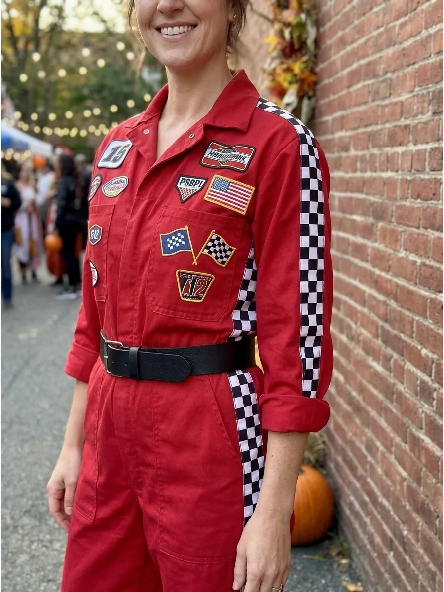 DIY Race Car Driver Costume With Coveralls support view 2