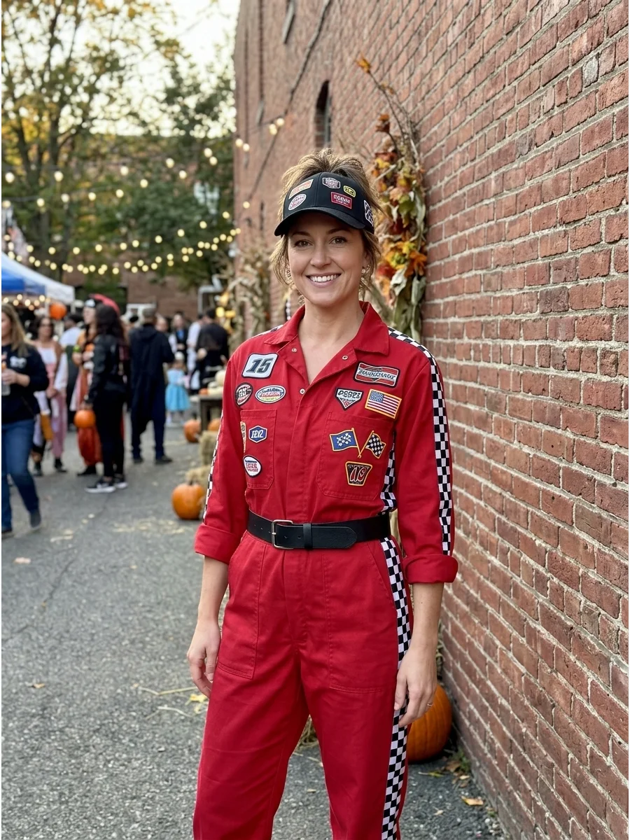 Woman wearing red DIY racing coveralls with checkered tape accents.