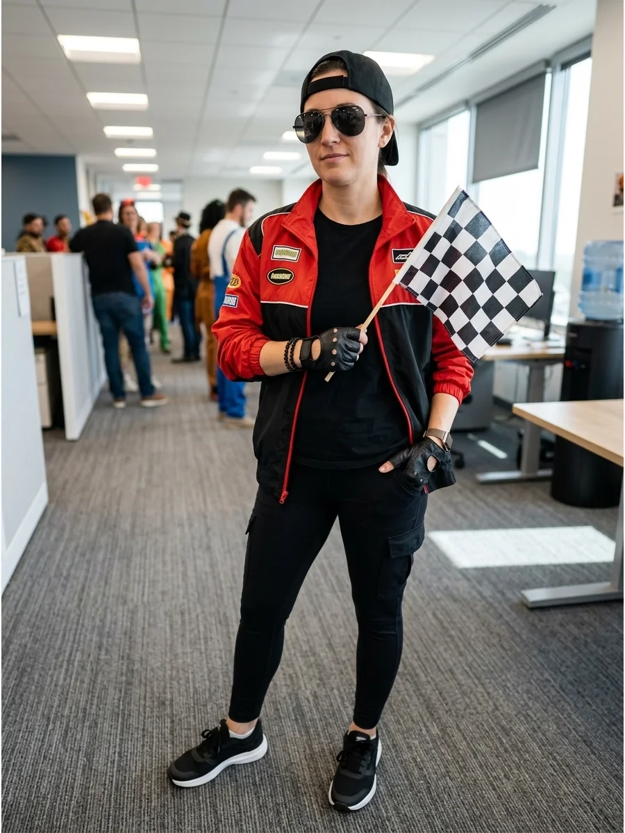 Woman in a last-minute racing outfit with a windbreaker and sunglasses.