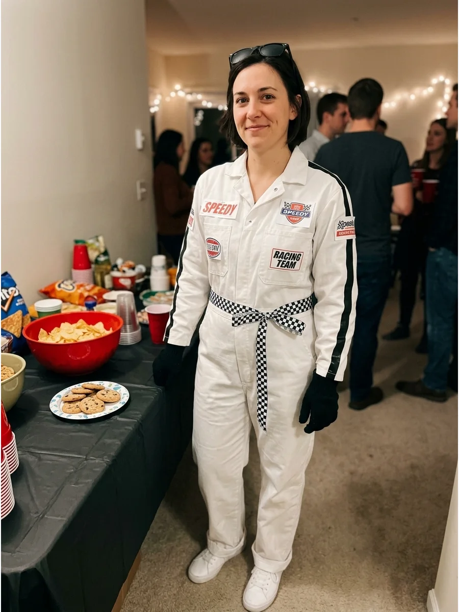 Woman in a budget-friendly white racing costume with sticker logos.