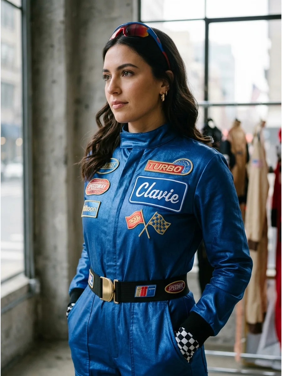 Woman wearing a personalized racing jumpsuit with a name patch.