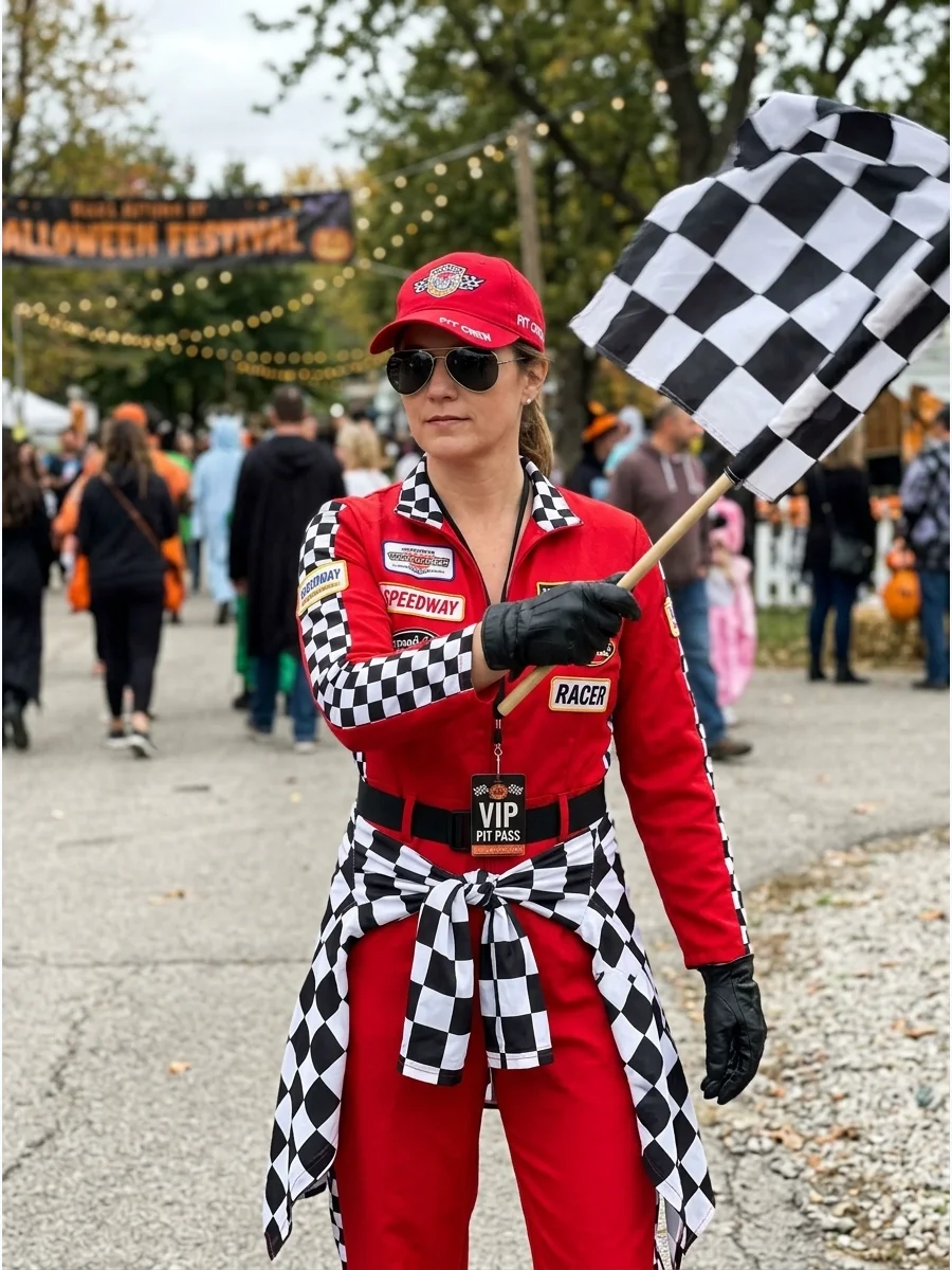 Woman in a red racing suit holding a large checkered flag.