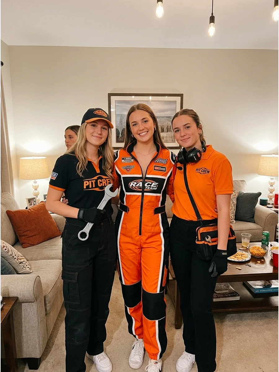 Group of women in coordinated driver and pit crew costumes.