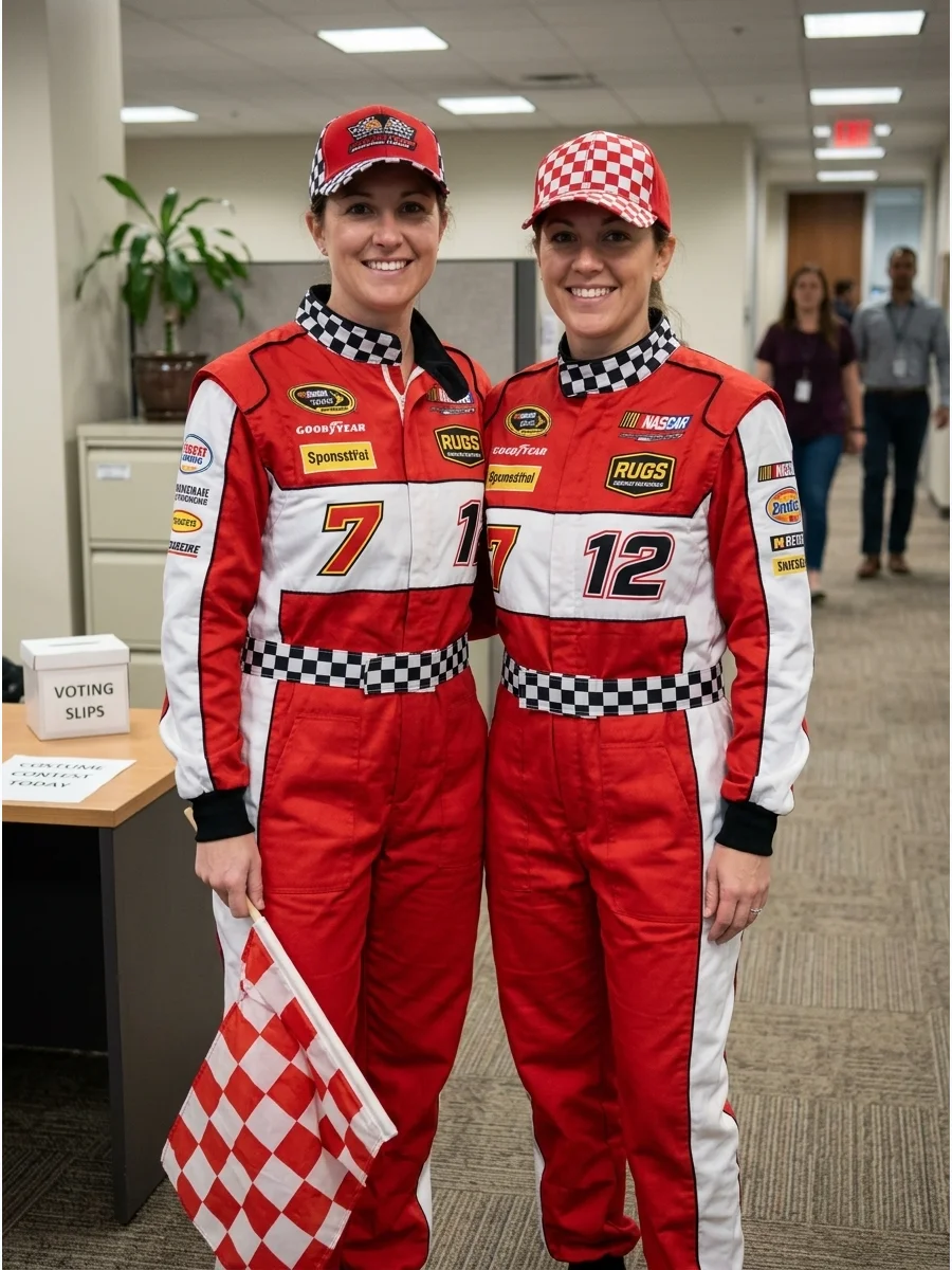 Couple wearing matching red and white racing driver costumes.