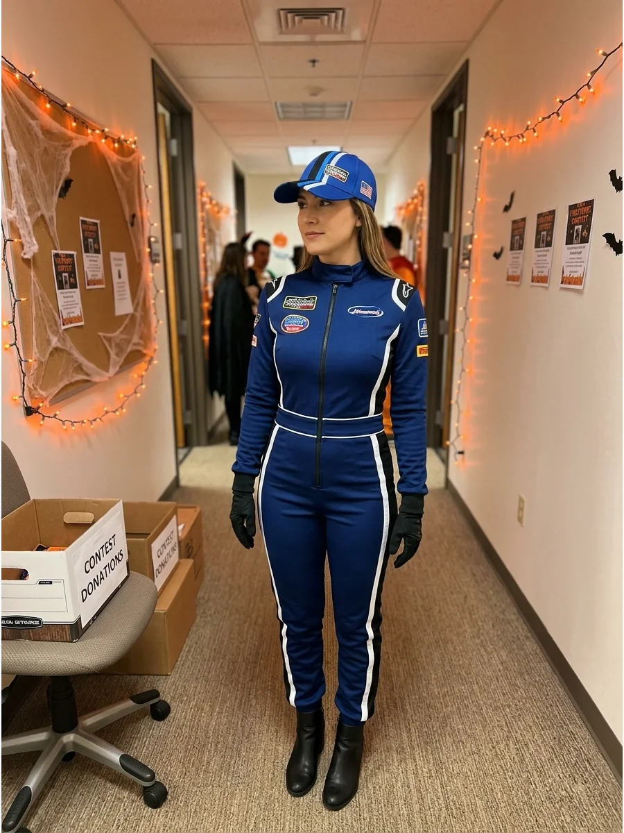 A woman wearing a royal blue racing suit with white stripes in an office.