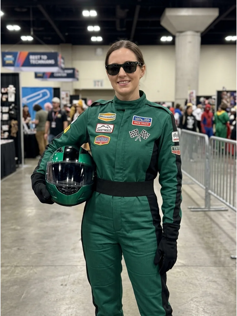 A woman in an emerald green racing suit with black panels.