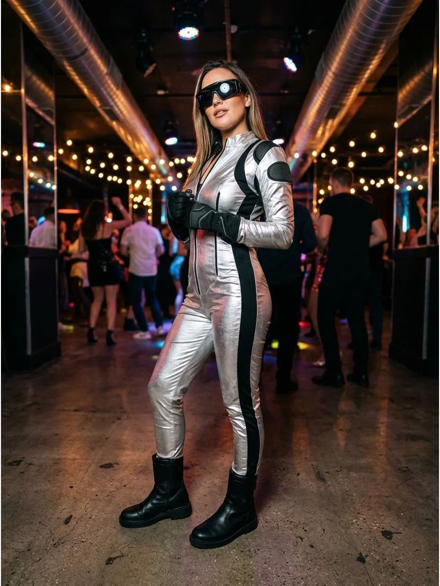 A woman wearing a metallic silver racing jumpsuit with black boots.