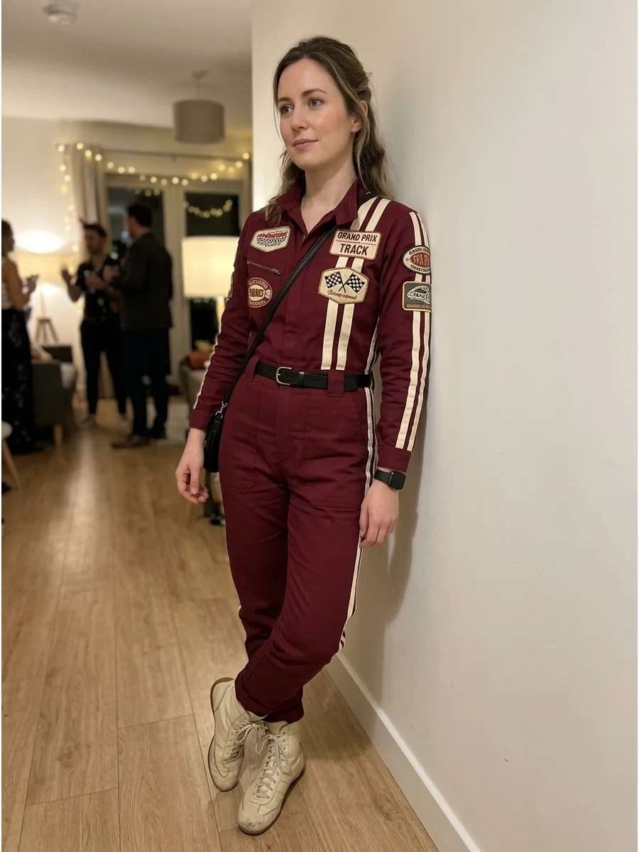 A woman in a burgundy racing suit with cream stripes and vintage patches.