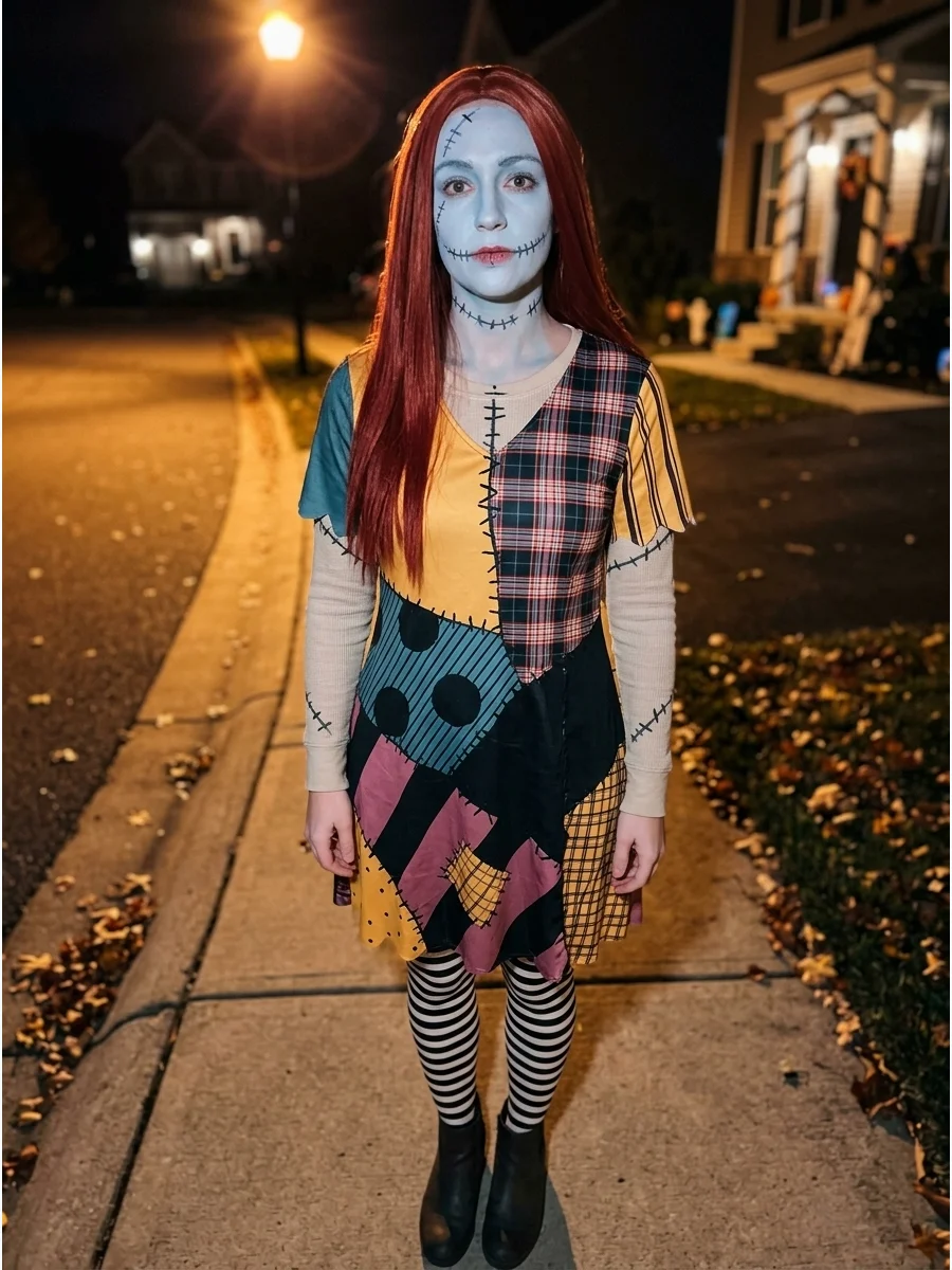 A person in a classic Sally costume standing on a sidewalk at night.
