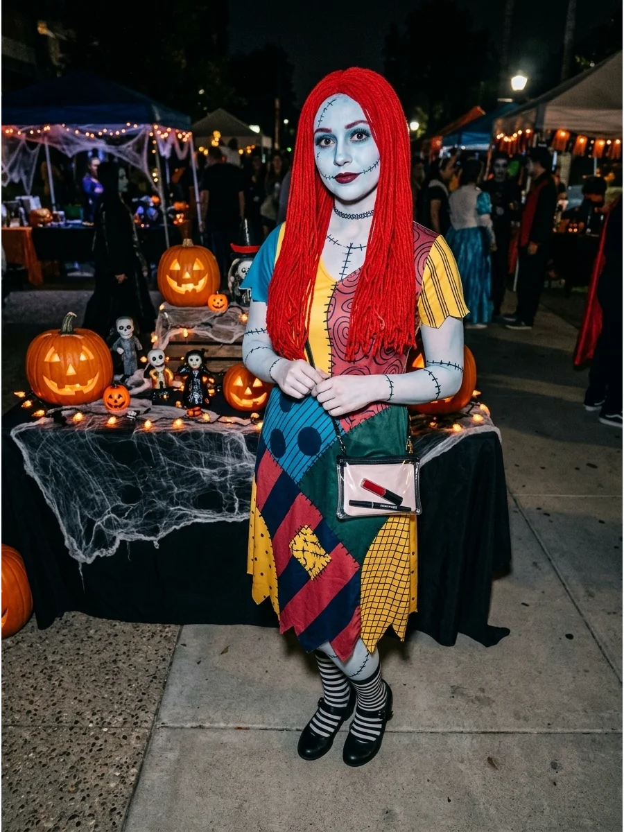 A complete traditional Sally costume with all signature elements.