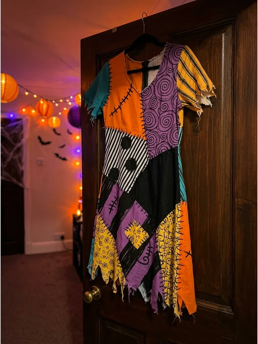 A DIY Sally dress made of colorful fabric scraps hanging on a door.