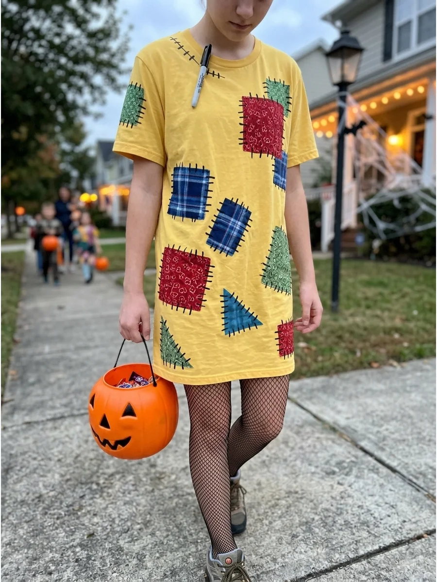 A no-sew Sally costume with colorful patches glued to a yellow dress.