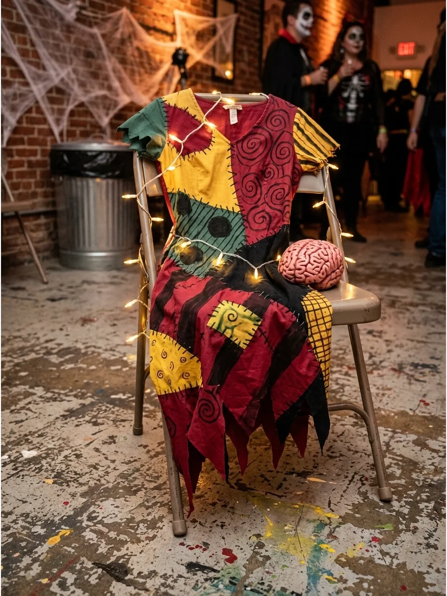 An old dress transformed into a Sally costume with jagged hems.