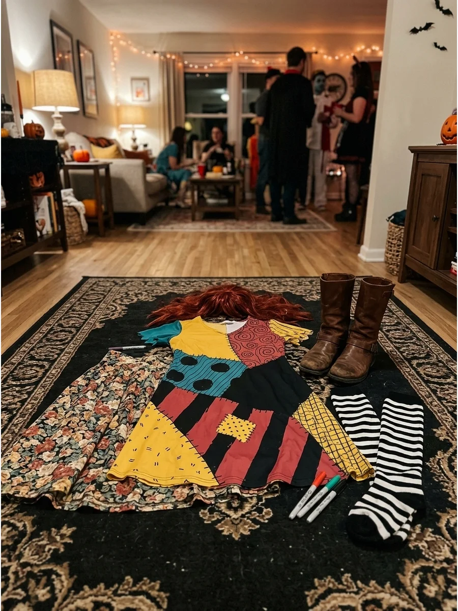 A collection of thrifted clothes for a DIY Sally costume.