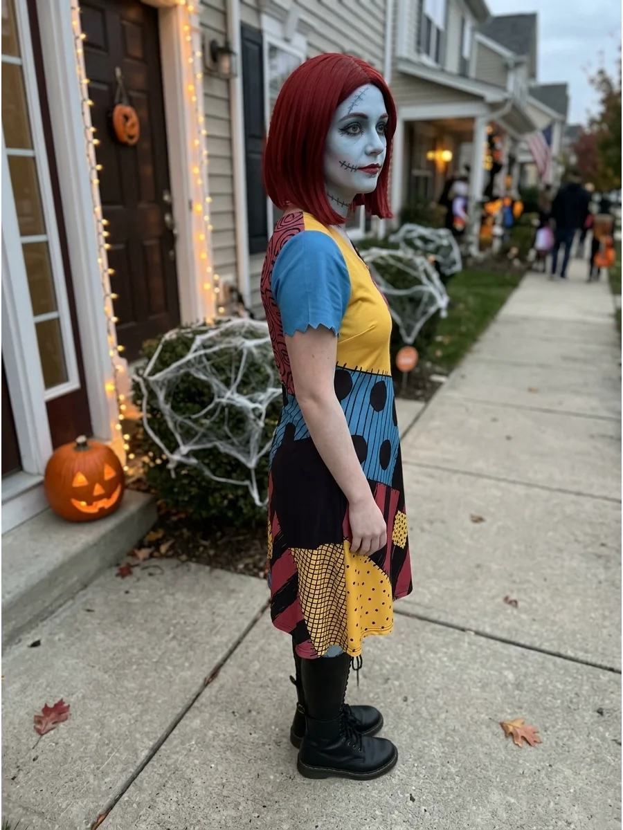 A last-minute Sally costume with a printed dress and red wig.