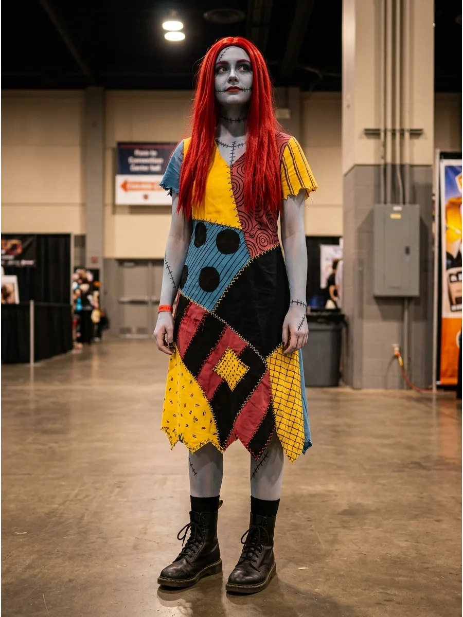 A budget Sally costume with a handmade dress and bright wig.