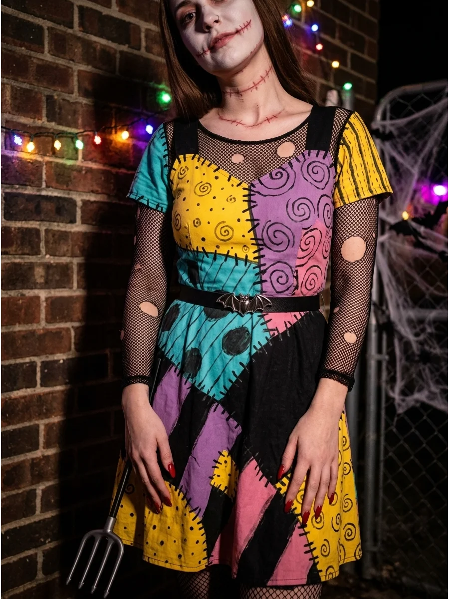 A hand-painted Sally dress with colorful swirls and patterns.