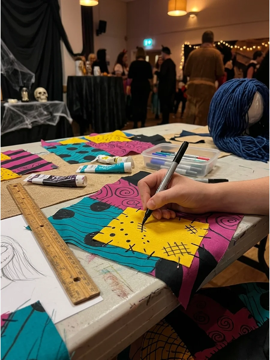 A person drawing details on a Sally costume with a fabric marker.