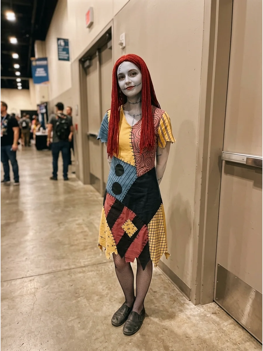 A detailed movie-accurate Sally costume with muted colors and blue-gray makeup.