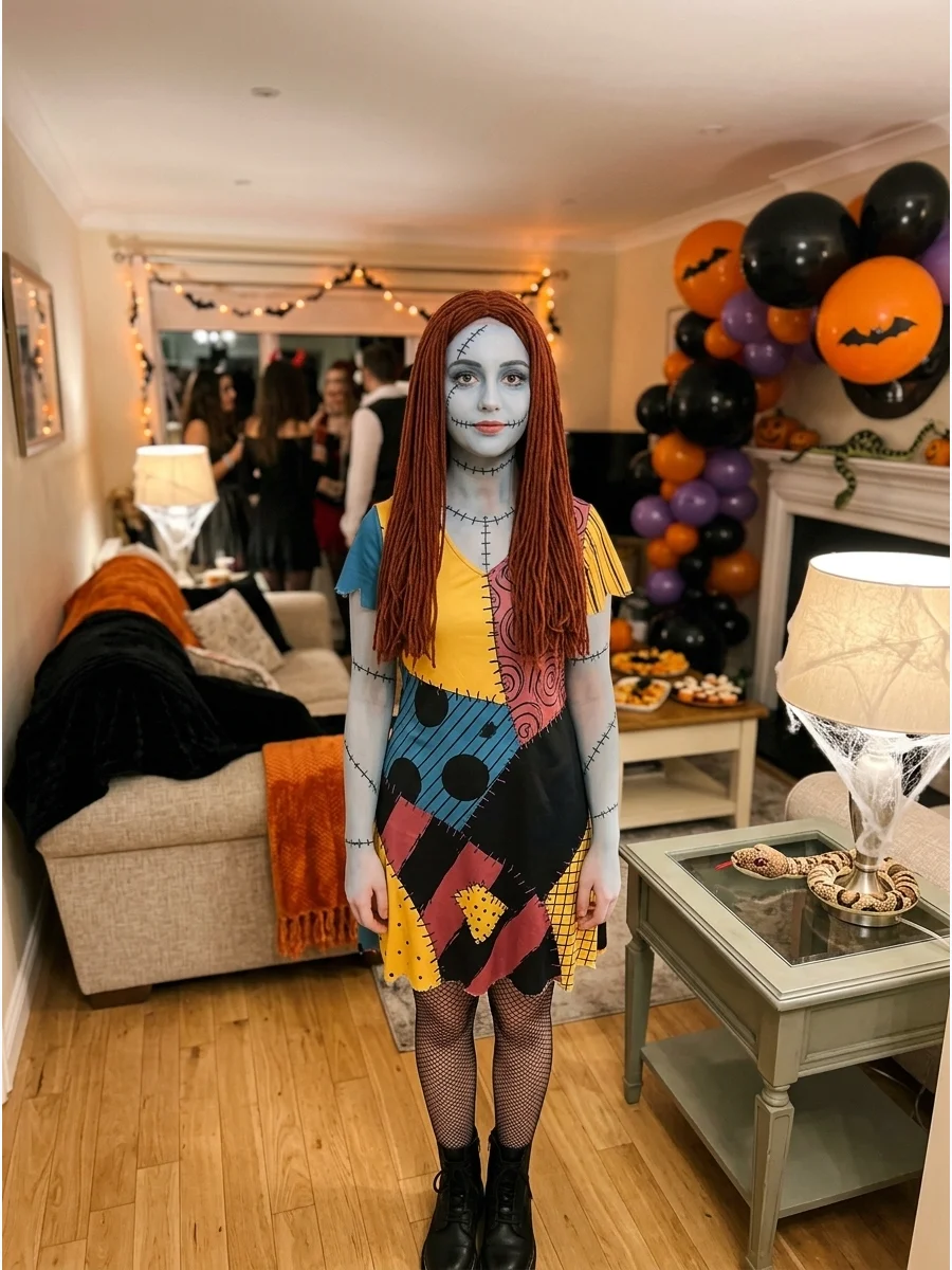 of a person with blue face paint and black stitch lines.